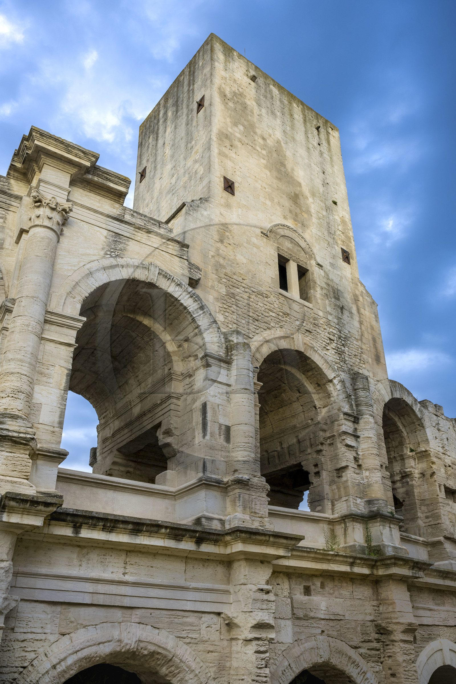 France, Bouches du Rhone, Arles, the Arena, a Roman amphitheater built around 80-90 AD, listed as World heritage by UNESCO, one of three remaining towers out of four built to make a fortress after the fall of the Roman Empire