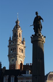 France, Nord, Lille, goddess on the square and the belfry of the Chamber of Commerce and Industry