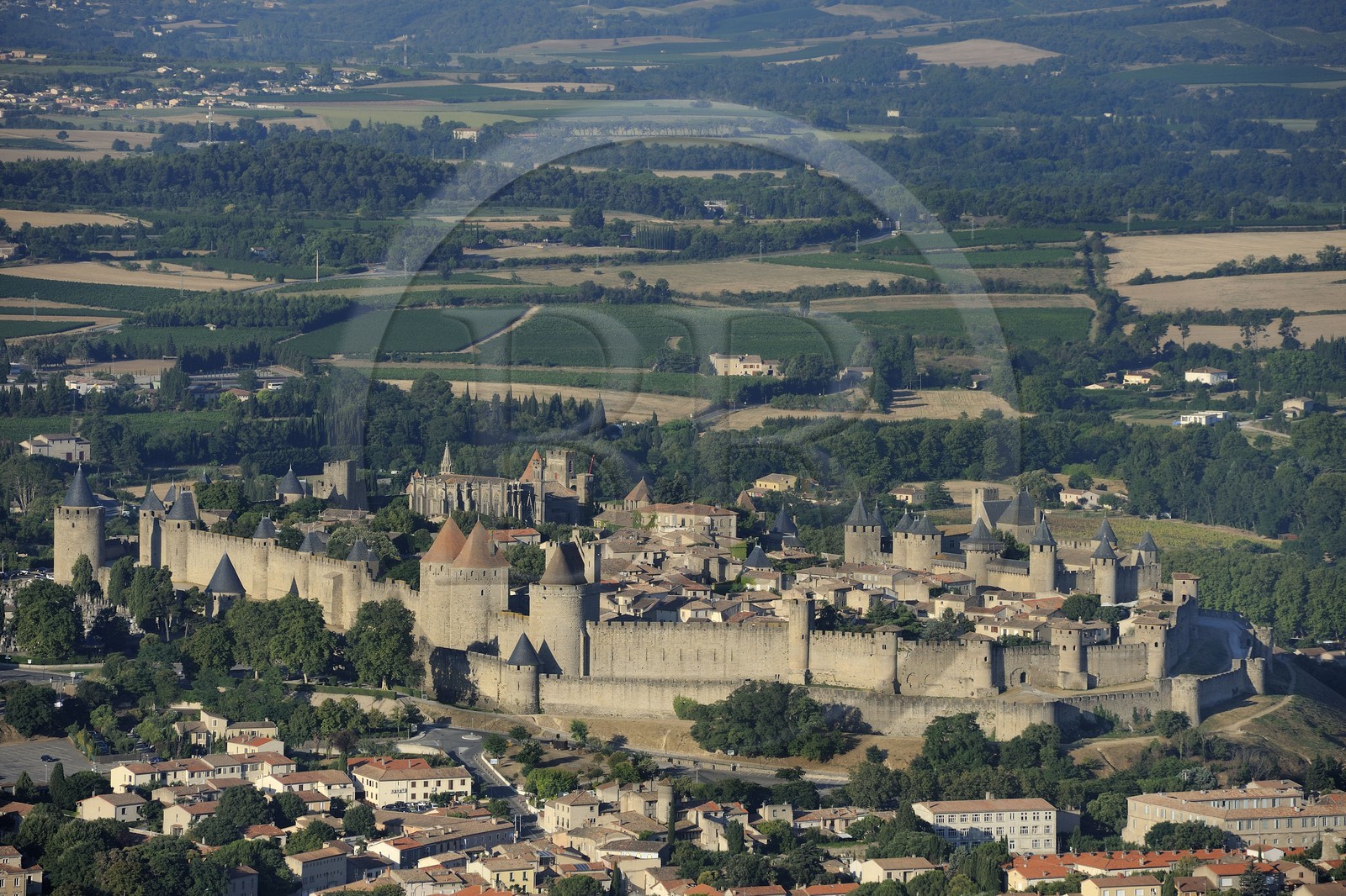 France, Aude, Carcassonne, medieval city (aerial view)