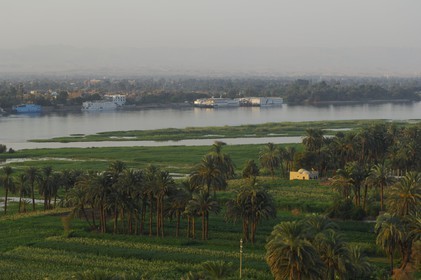 Egypte, Haute Egypte, vallée du Nil, Louxor, la rive ouest et le Nil en arrière-plan (vue aérienne)