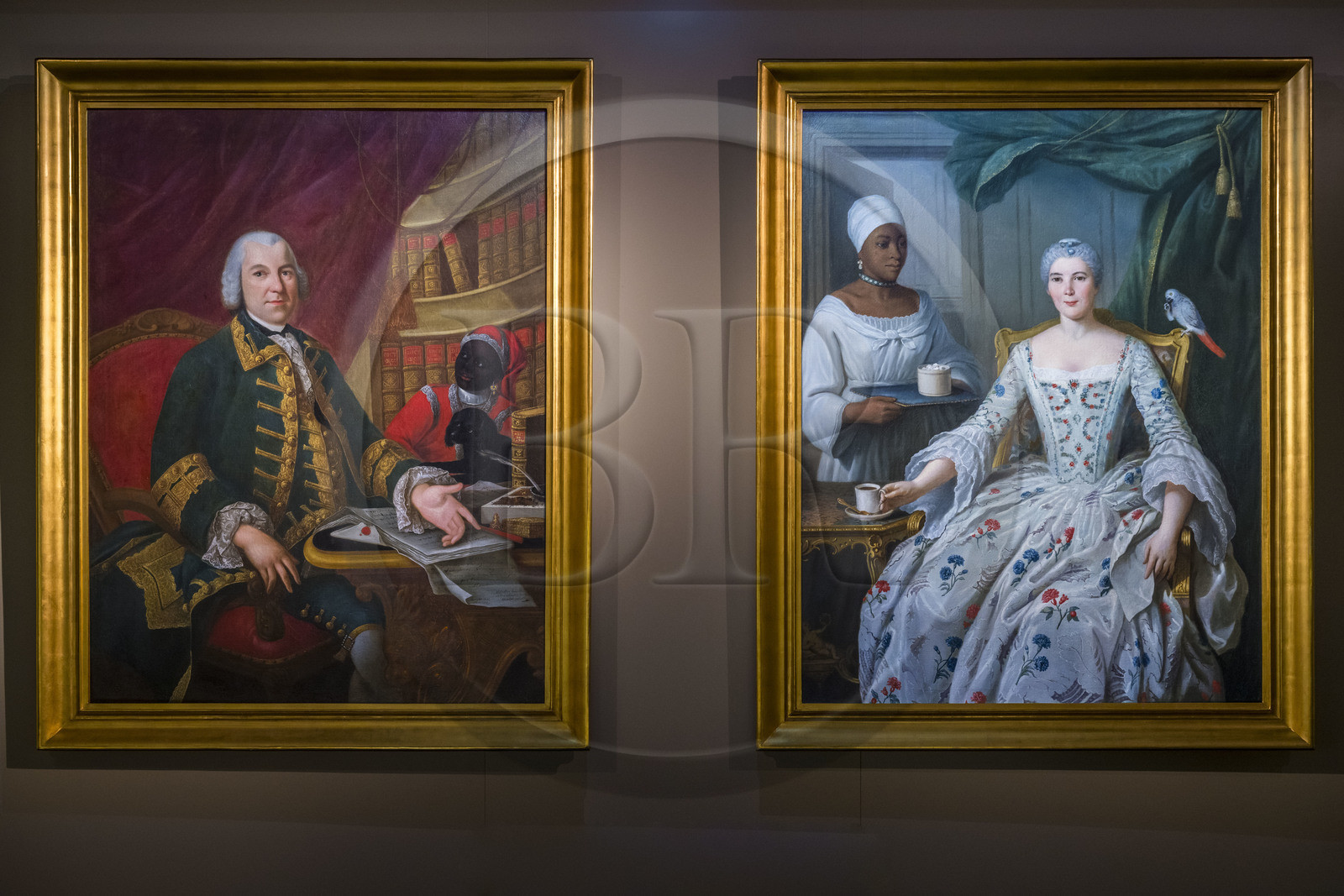 France, Loire Atlantique, Nantes, Bouffay district, the castle of the Dukes of Brittany, Nantes History Museum, rooms dedicated to the slave trade, portraits of Dominique and Marguerite Deurbroucq (18th century) and their servants who live in slavery