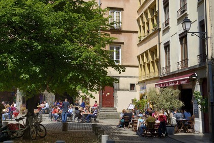 France, Rhone, Lyon, historical site listed as World Heritage by UNESCO, St. Paul neighborhood in the Vieux Lyon (Old Town), Place du Gouvernement and Bouchons Lyonnais (typical and traditional restaurants of Lyon)