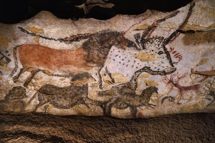 France, Dordogne (24), Périgord Noir, vallée de la Vezère, Montignac-sur-Vézère, Grotte de Lascaux II, reconstitution du site préhistorique et grotte ornée classés Patrimoine Mondial de l'UNESCO, Cheval et Aurochs