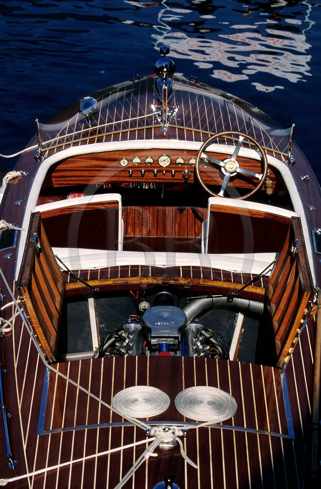 France, Savoie, Navig'Aix on Le Bourget lake, famous Riva mahogany wooden motorboat