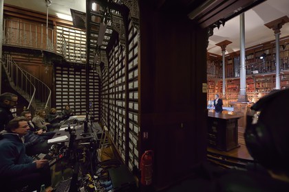 France, Paris, the National Archives, Grands dépots (Large deposits), iron cupboard room, filming of the television show L'ombre d'un doute (The shadow of a doubt) over the Marcel Petiot case presented by the animator and journalist Franck Ferrand