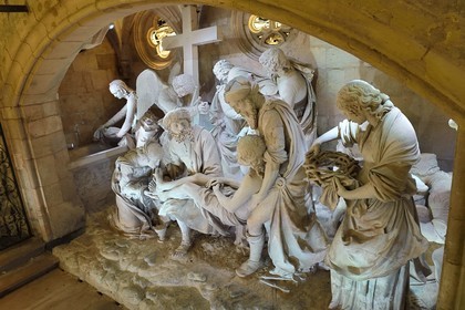 France, Meuse, Saint Mihiel, St. Stephen's Church, the Sepulcher or entombment by the sculptor Ligier Richier (16th century), the dead Christ carried by Nicodemus and Joseph of Arimathea, with at his feet Mary Magdalene