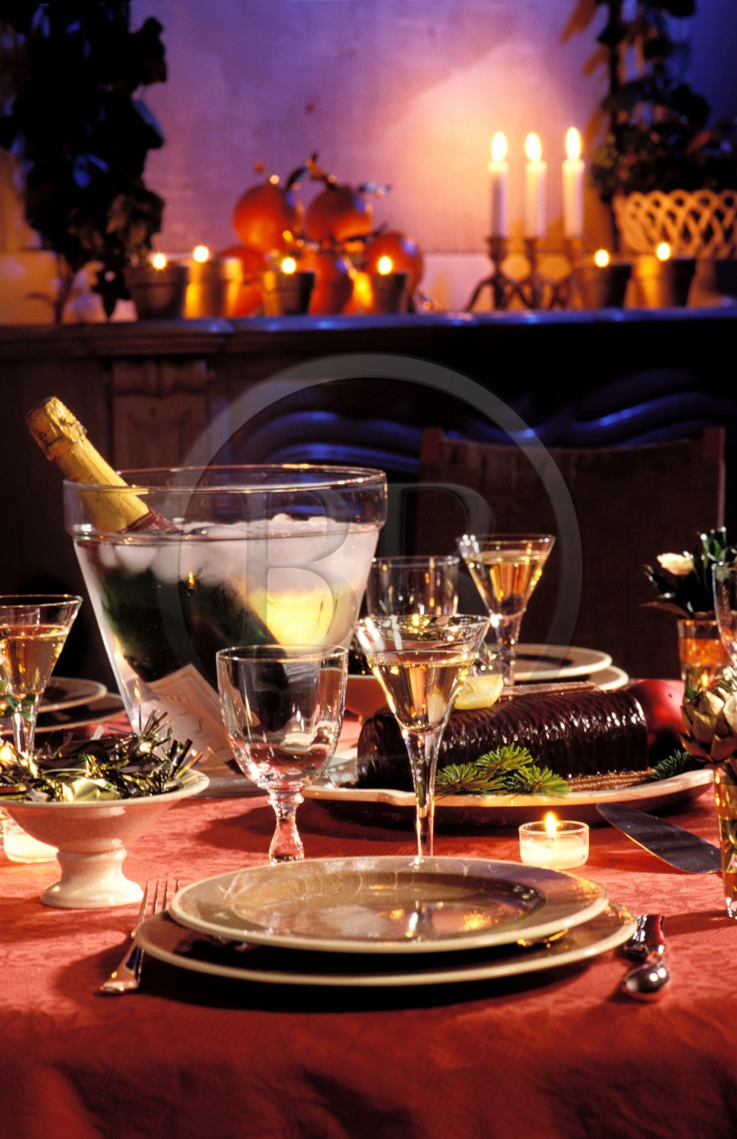 France, Christmas table with champagne bucket