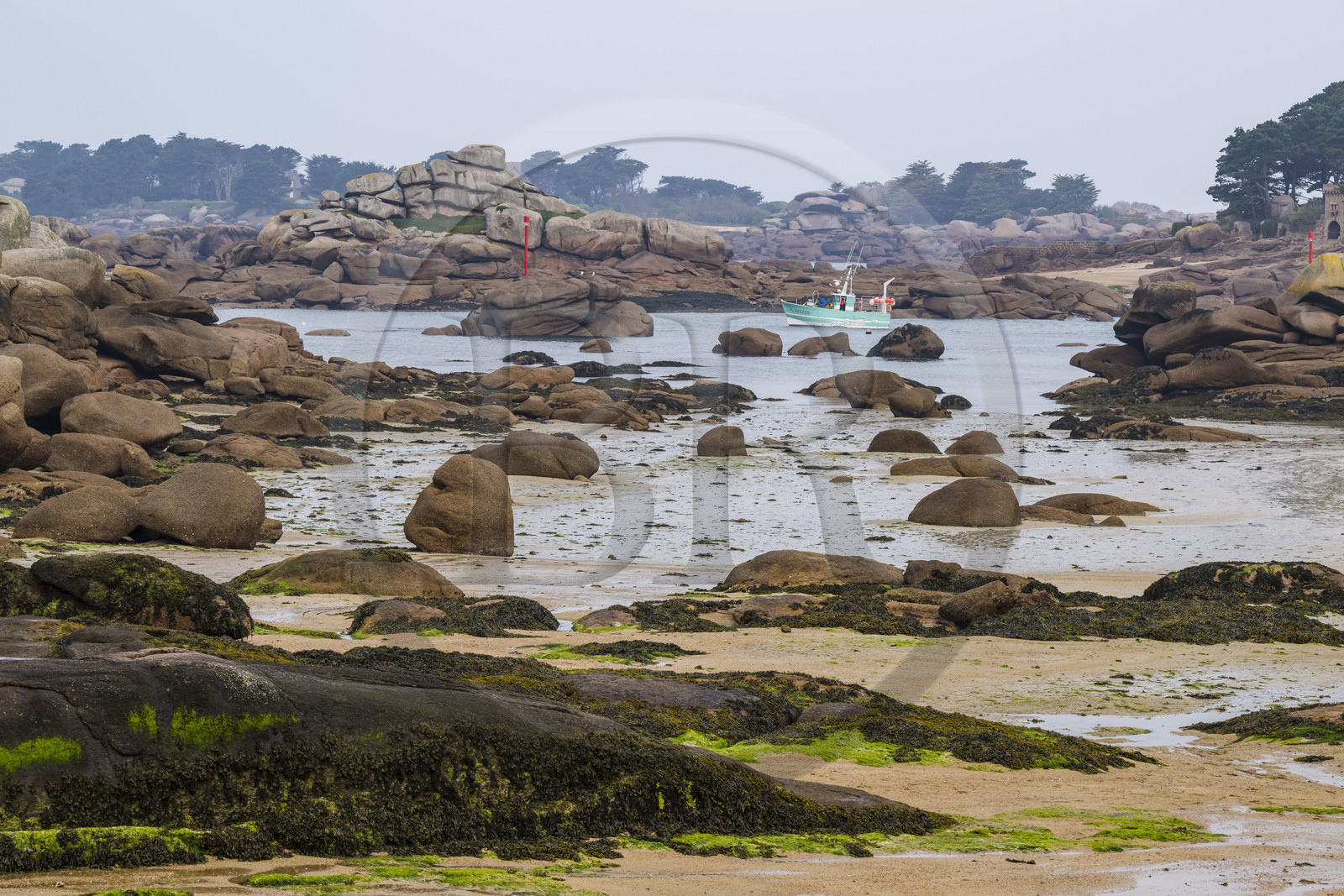 France, Côtes-d'Armor (22), Côte de Granit Rose, Perros-Guirec, bateau de pêche dans le chenal de sortie du port naturel de Ploumanac'h