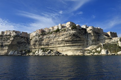 France, Corse-du-Sud (2A), Bonifacio, la vieille ville ou Haute Ville perchée sur des falaises de calcaire de plus de 60 mètres de haut