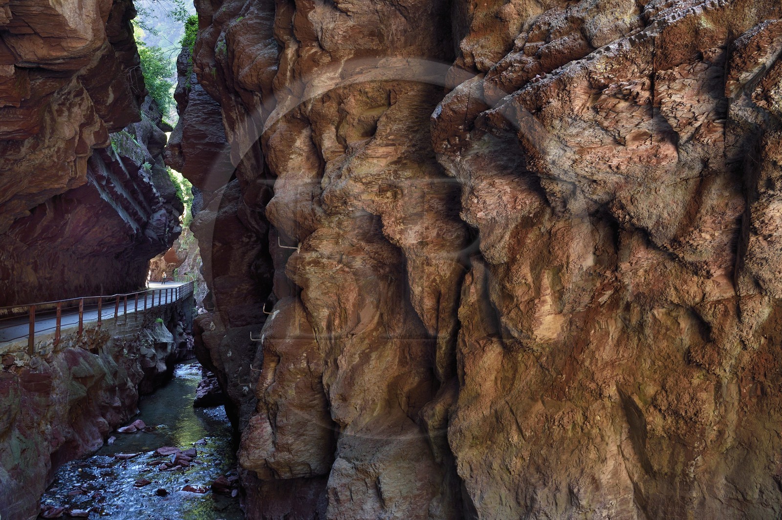France, Alpes-Maritimes (06), Massif du Mercantour, site natura 2000, Gorges du Cians creusées par le Cians dans des sols de pélite rouge, portion de l'ancienne route aujourd'hui abandonnée au lieu dit La Grande Clue