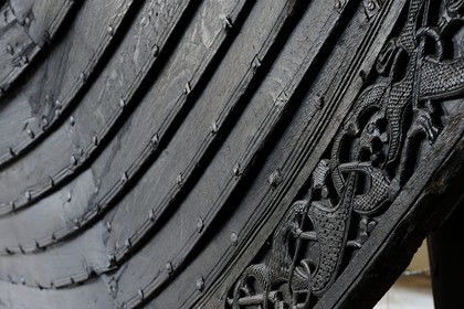 Norway, Oslo, Bygdoy Peninsula, Viking Boats Museum, Oseberg drakkar of the 9th century, detail