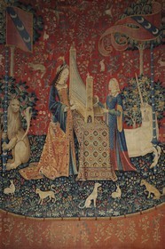 France, Paris, Musee du Moyen-Age (Middle Ages Museum), the former Hotel de Cluny, the Lady Lady and the Unicorn (French: La Dame à la licorne) is the modern title given to a series of six tapestries woven in Flanders in the end of 15th century