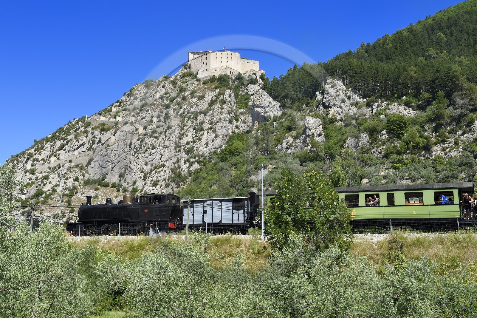 France, Alpes-de-Haute-Provence (04), cité médiévale d'Entrevaux fortifiée par Vauban, le Train des Pignes