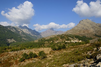 France, Haute Corse, Niolu (Niolo) region, Calasima highest village in Corsica (1 095m) at the foot of the Paglia Orba mountain shaped as a shark fin