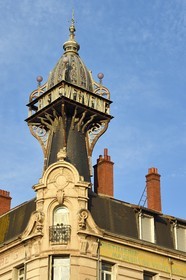 France, Haute Loire, Le Puy en Velay, original establishment of the company of Verveine du Velay built by the architect Proy in 1906, turret surmounted by a dome decorated with stained glass windows created by Charles Borie