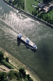 France, Seine Maritime, cargo liner going down the Seine towards Brotonne (aerial view)