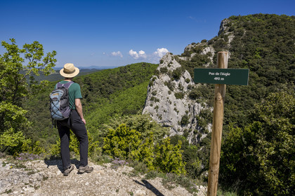 France, Vaucluse (84), Dentelles de Montmirail, Gigondas, randonneuse sur un sentier au Pas de l'Aigle, faille encaissée entre deux montagnes au pied de la crête de Saint-Amand