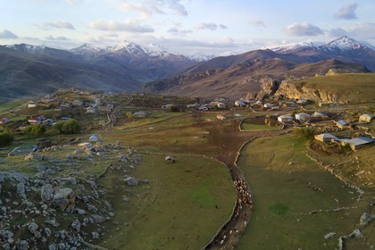 Azerbaijan, Quba (Guba) region, Greater Caucasus mountain range, village of Giriz at dawn (aerial view)