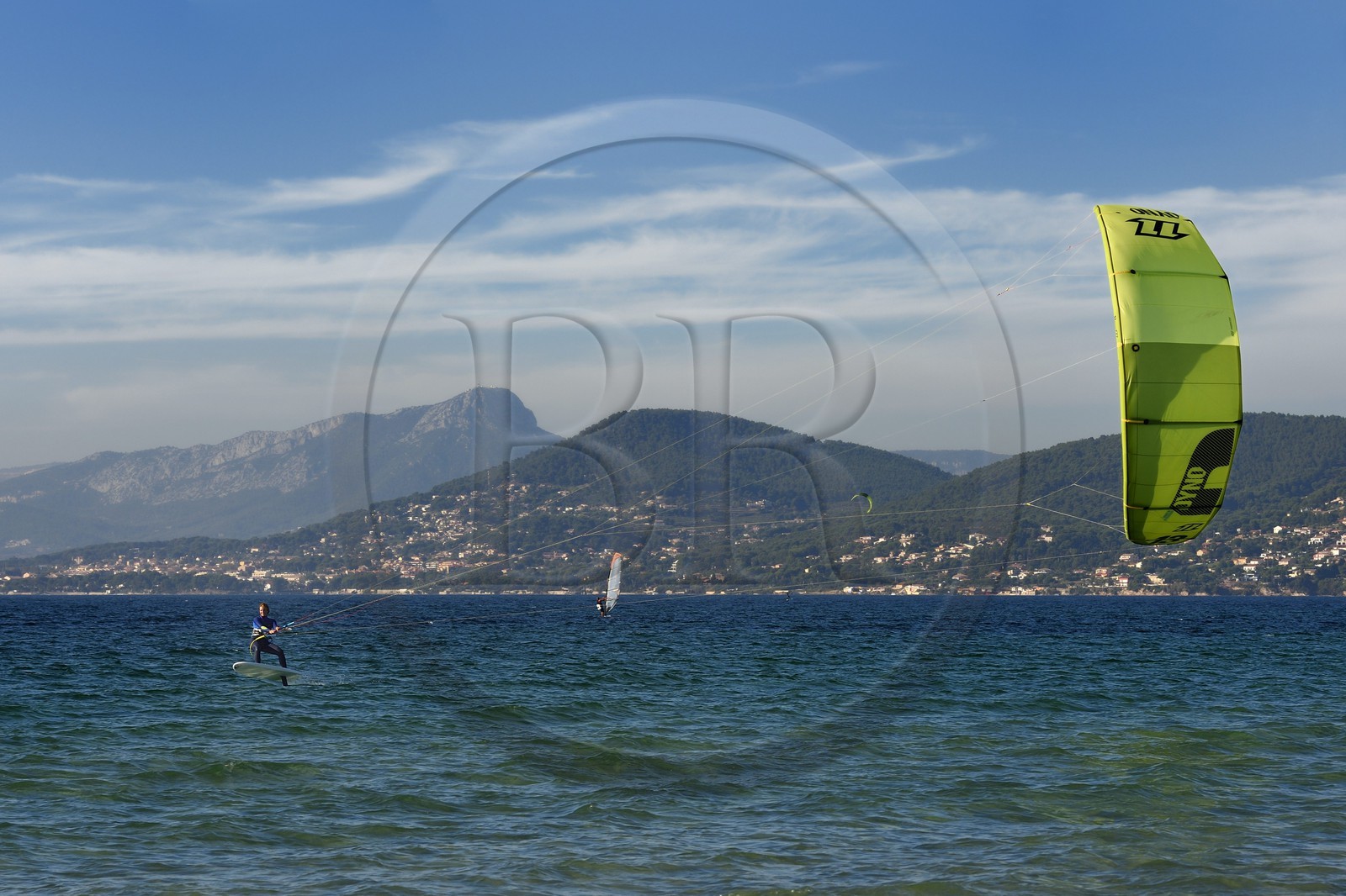 France, Var, Hyeres, Giens peninsula, Almanarre beach, Ariane Imbert on kitefoil, Kitesurf triple champion of France and Vice-World Champion of Race 2014