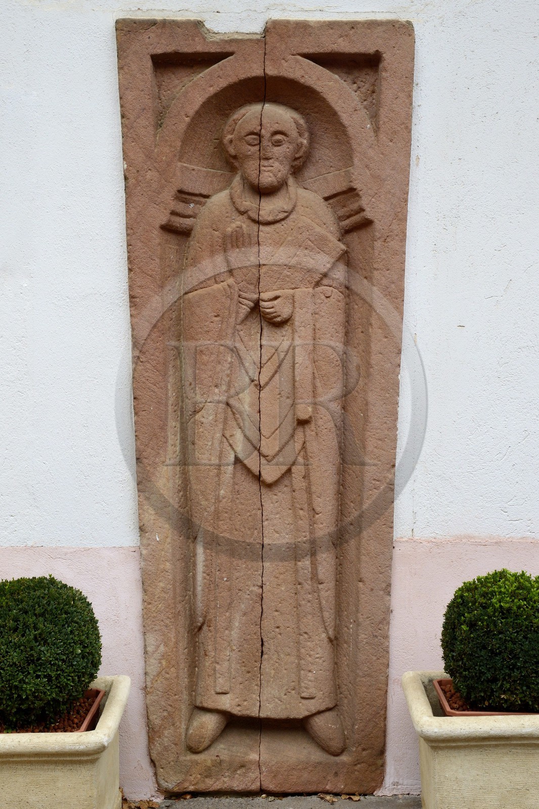 France, Bas Rhin, the Alsace Wine Route, Mittelbergheim, labelled Les Plus Beaux Villages de France (The Most Beautiful Villages of France), monk tombstone of the 12th century found in the cellar of Domaine Gilg