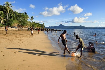 France, Mayotte island (French overseas department), Grande-Terre, Sada, kids playing football on Tahiti beach (Mtsagnougni) in the Bay of Boueni