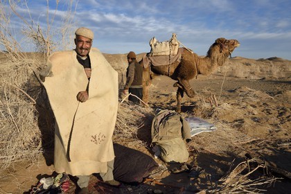 Iran, Province d'Ispahan, désert du Dasht-e Kavir, Mesr dans la région de Khur et Biabanak, le chamelier Ali Saraban portant le feutre en laine de chameau (namad) de son grand-père et un de ses dromadaires au bivouac de Kuh e-Sefid