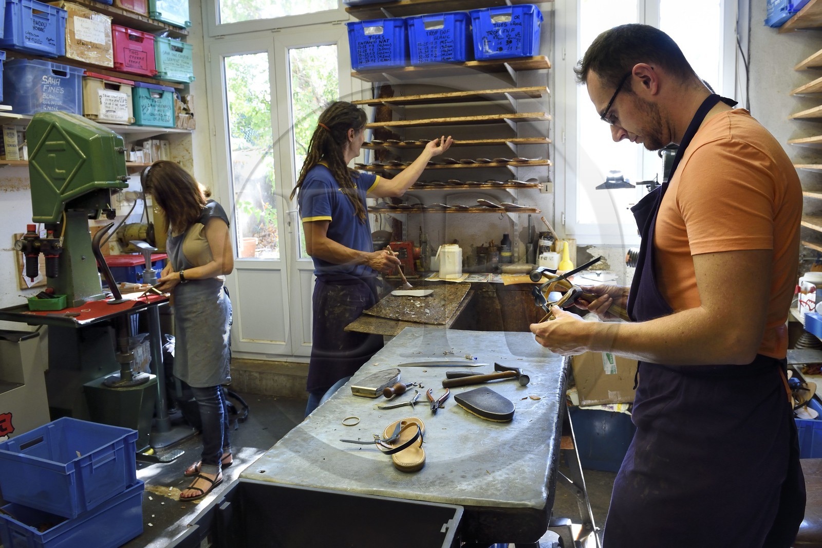 France, Var, Saint-Tropez, production of local sandals (Rondini sandals)