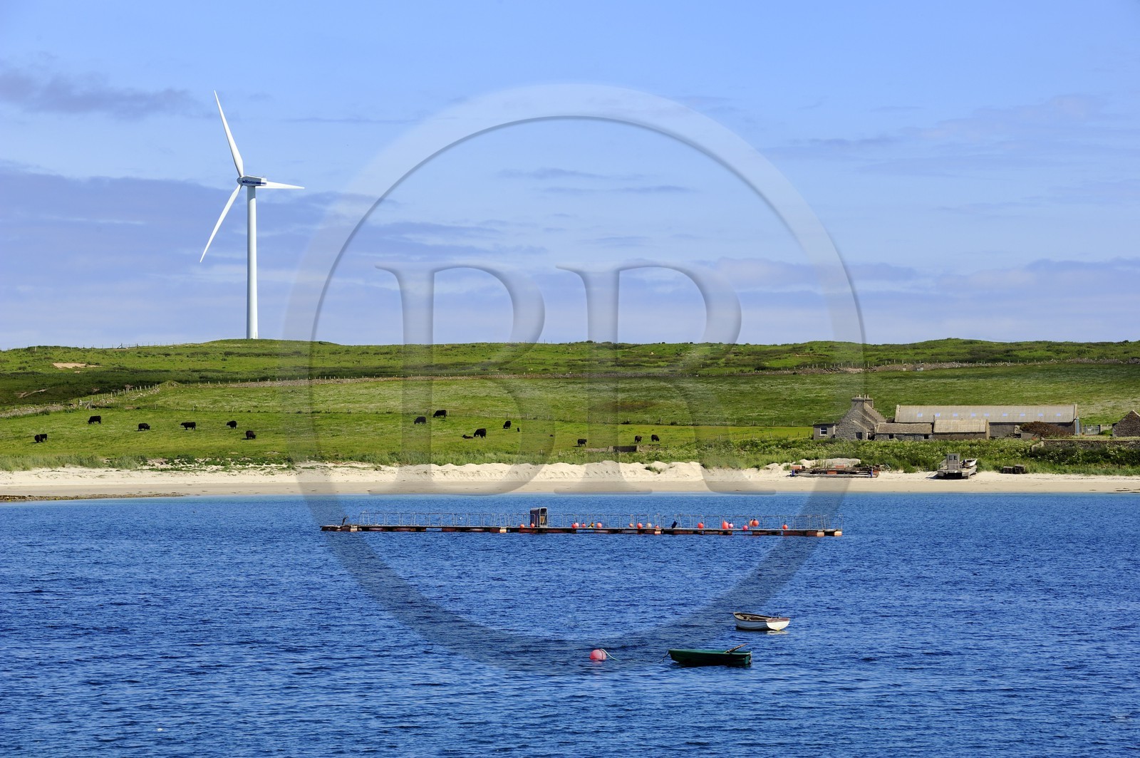 Royaume-Uni, Ecosse, Iles Orcades, Ile de Burray, Weddell Bay et éolienne