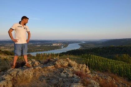France, Loire (42), Parc Naturel Régional du Pilat, le domaine du Monteillet Stéphane Montez, Stéphane Montez dans ses vignes surplombant le Rhône, la centrale nucléaire de Saint Alban en arrière plan