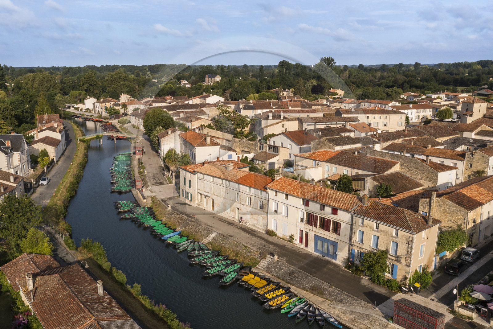 France, Deux-Sèvres, le Marais Poitevin, Green Venice, Coulon, labelled Les Plus Beaux Villages de France (The Most Beautiful Villages of France), flat-bottomed boats on the banks of the Sèvre Niortaise (aerial view)