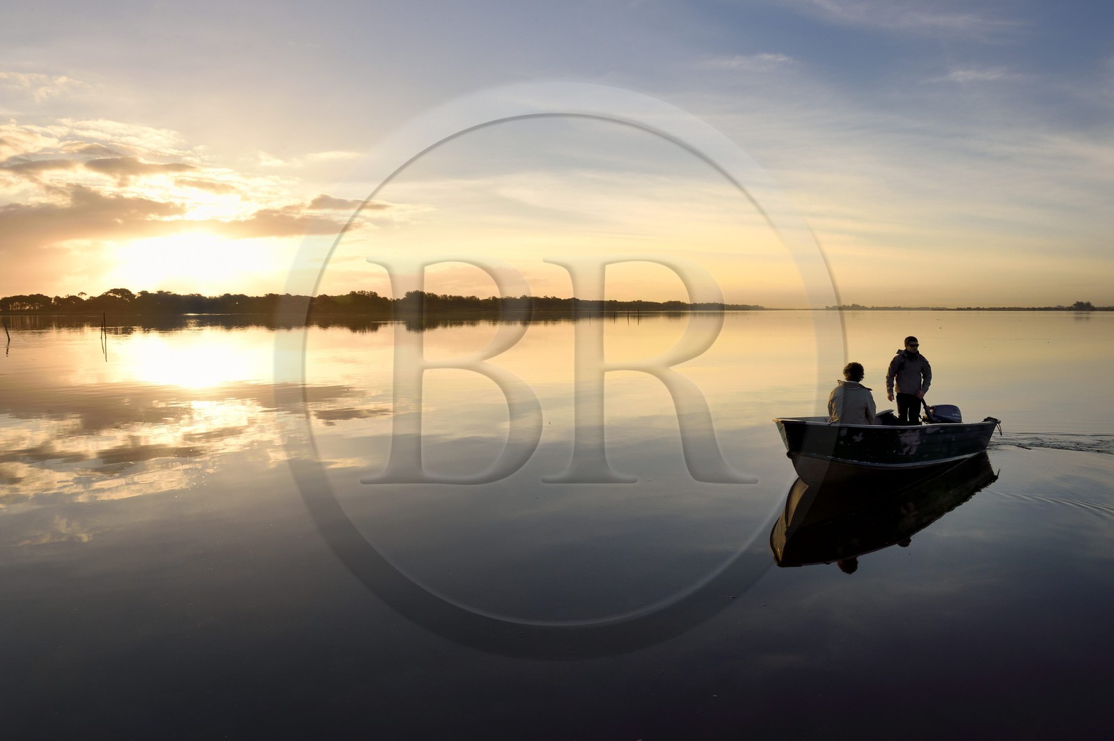 France, Haute Corse, the pond of Biguglia (Stagnu di Chiurlinu) at dawn, nature reserve of Corsica (RNC), Paul-Marie Ghipponi guard of the natural reserve of Corsica (RNC) patrolling the pond