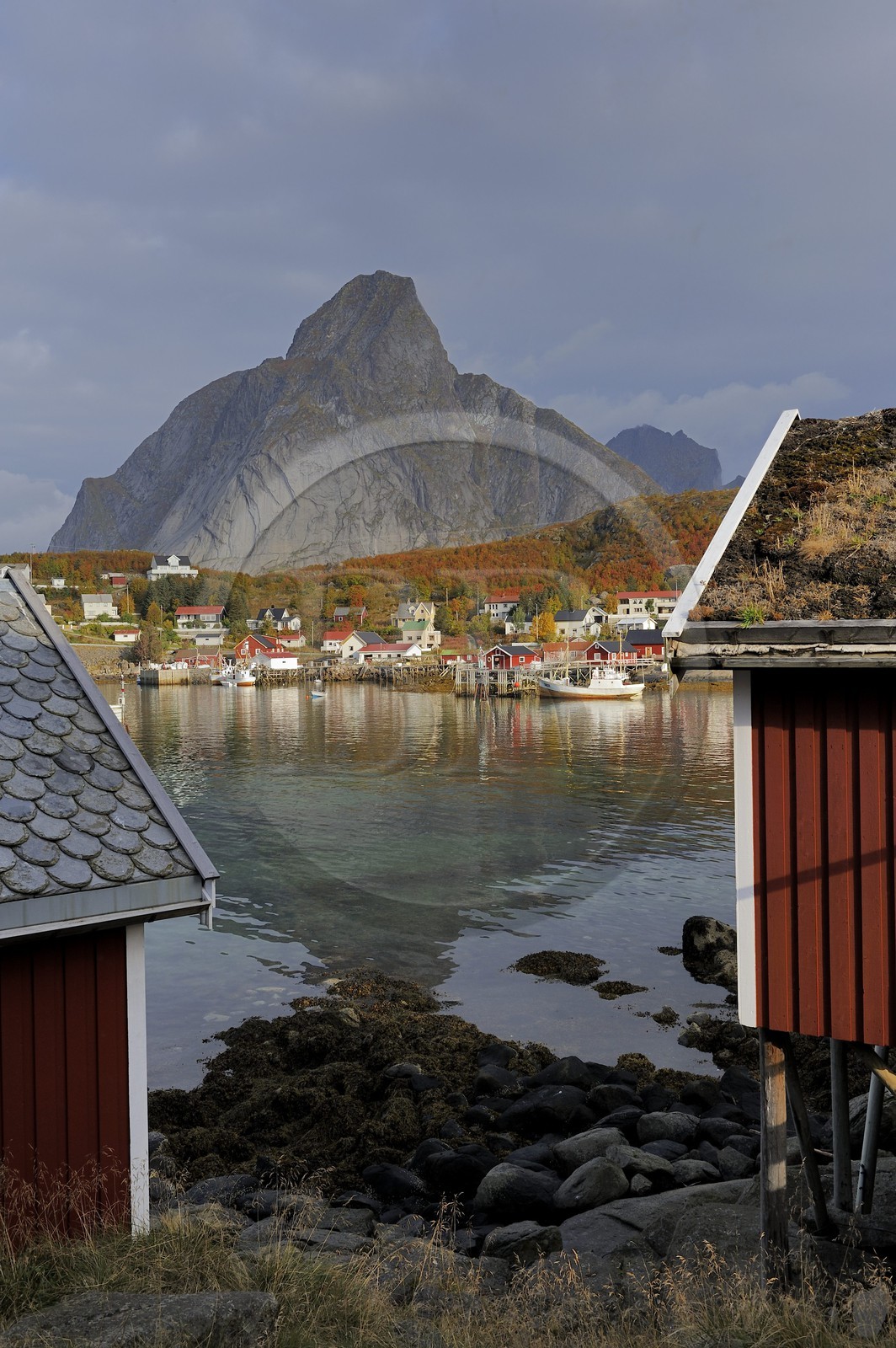 Norvège, Nordland, Iles Lofoten, ile de Moskenesoy, rorbue (maison de pêcheurs) dans le village de Reine