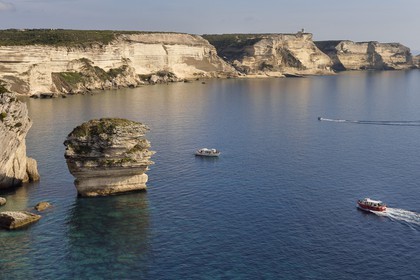 France, Corse du Sud, Bonifacio, the limestone cliffs and the rock called Grain de Sable in the foreground (aerial view)