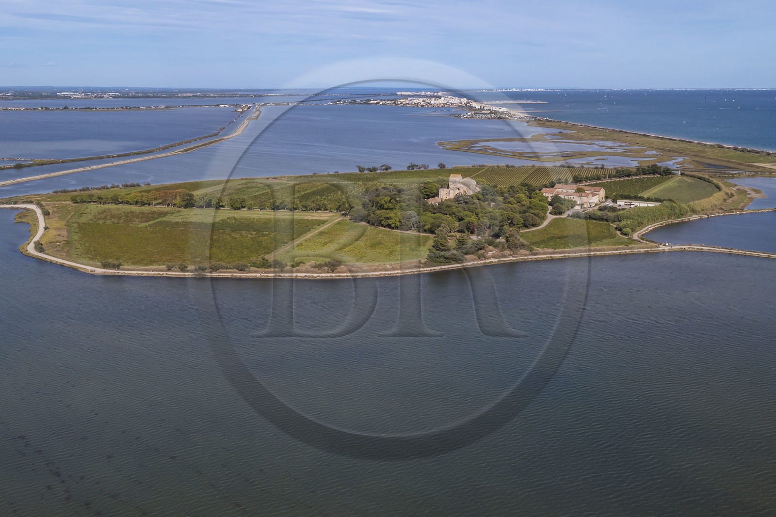 France, Hérault (34), Villeneuve-lès-Maguelone (Palavas-Les-Flots), cathédrale Saint-Pierre-et-Saint-Paul de Maguelone des XIIème et XIIIème siècles entourée de vignes sur son île, l'Etang du Prévost et Palavas-Les-Flots en arrière plan (vue aérienne)