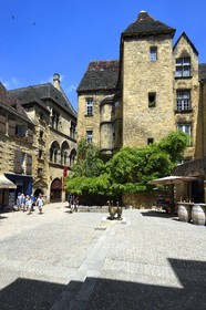 France, Dordogne (24), Périgord Noir, vallée de la Dordogne, Sarlat-la-Canéda, Place du marché aux oies, les oies statue par Lalanne, en arrière-plan l'Hotel de Vassal du XVème siècle