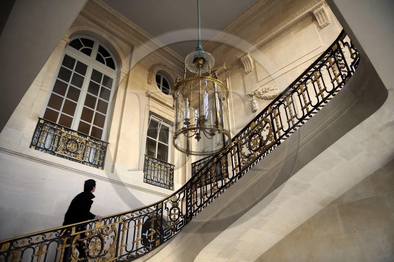 France, Yvelines, Chateau de Versailles, listed as World Heritage by UNESCO, Domaine de Marie Antoinette, the Petit Trianon, the big staircase with its wrought iron banister