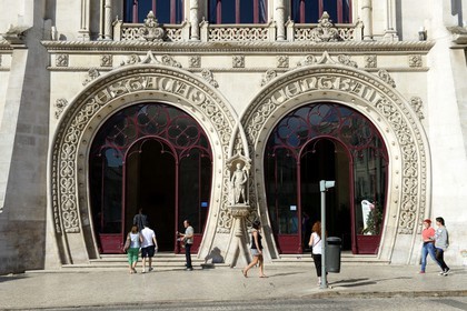 Portugal, Lisbon, Baixa Pombal district, facade of the Rossio Station built in 1886 by architect Jose Luis Monteiro in Neo Manueline Style
