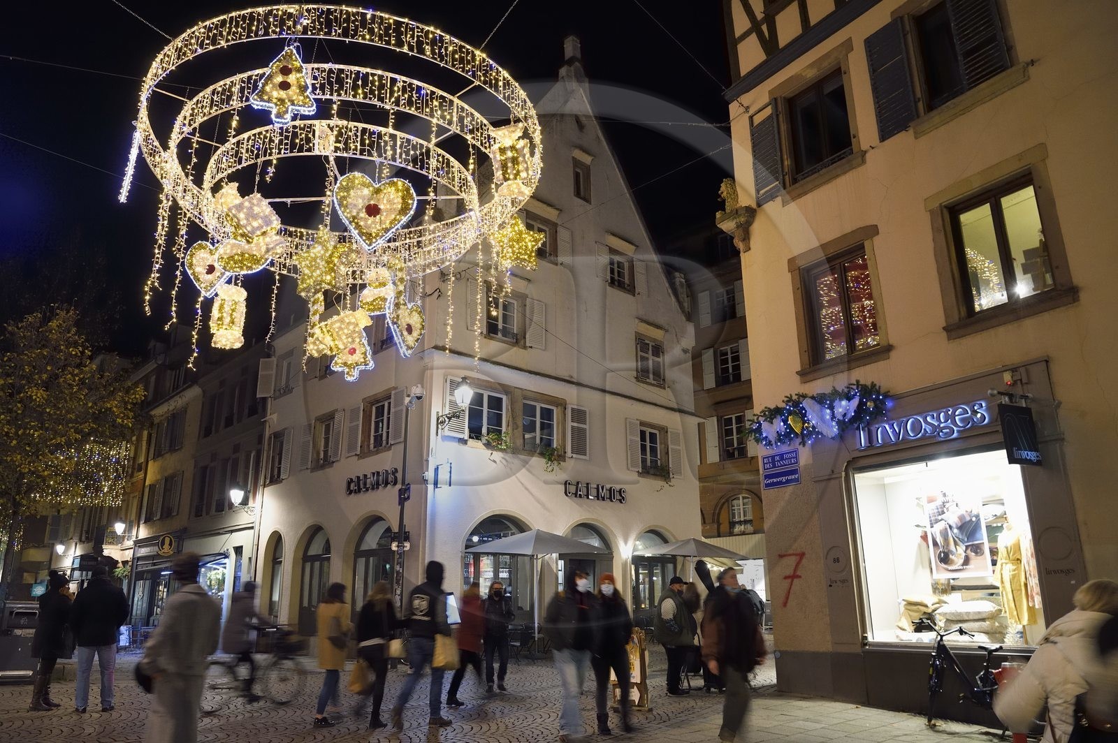 France, Bas Rhin, Strasbourg, old town listed as World Heritage by UNESCO, Christmas light hung at the corner of Grand Rue and rue du Fossé des Tanneurs