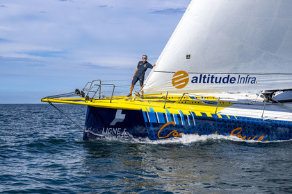 France, Vendee, Les Sables d'Olonne, skipper Manuel Cousin training on his 60-foot monohull sailboat IMOCA Coup de Pouce