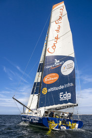 France, Vendee, Les Sables d'Olonne, skipper Manuel Cousin training on his 60-foot monohull sailboat IMOCA Coup de Pouce