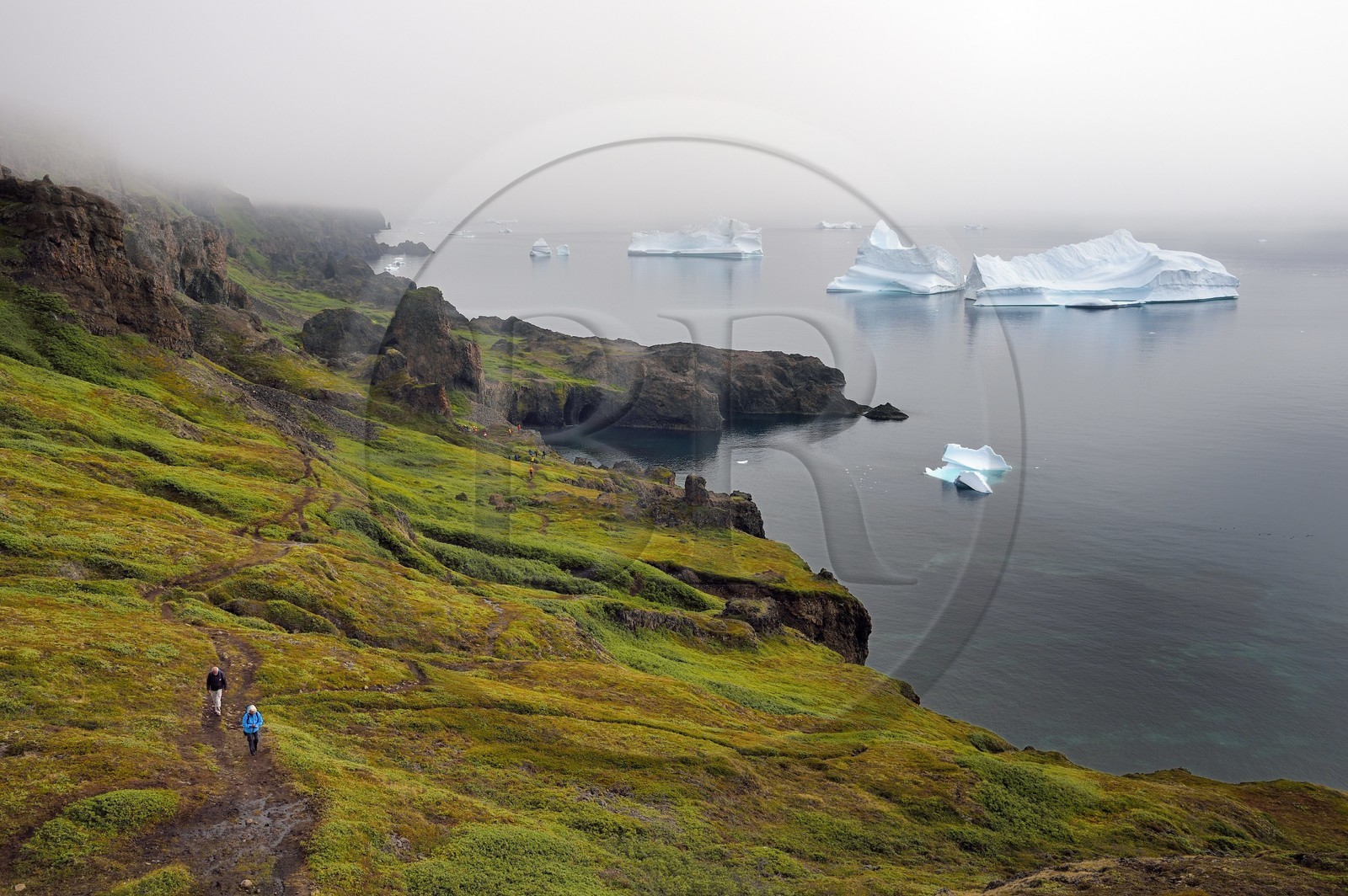 Groenland, cote ouest, Ile de Disko, Qeqertarsuaq, randonneurs sur la côte et icebergs dans la brume en arrière plan