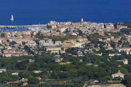 France, Var, Saint-Tropez and St. Anne Chapel in the foreground right (aerial view)