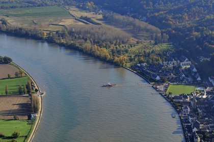 France, Seine-Maritime, the ferry on the Seine at the village of La Bouille (aerial view)