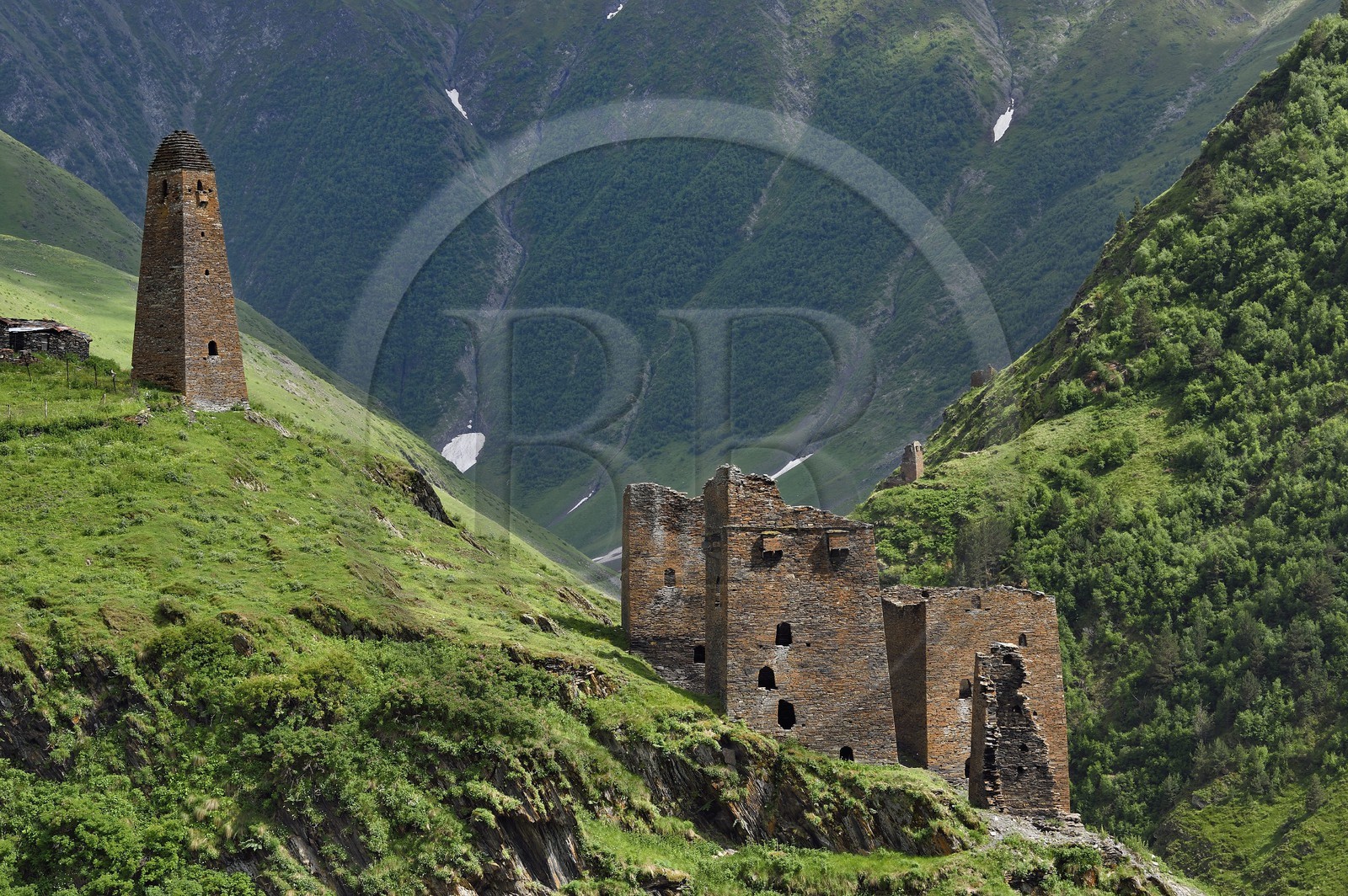 Géorgie, Kakheti, Parc national de Touchétie, vallée de la rivière Alazani dans les montagnes de Pirikiti, ensemble de tours défensives médiévales de l'ancien village de Parsma (Baso)