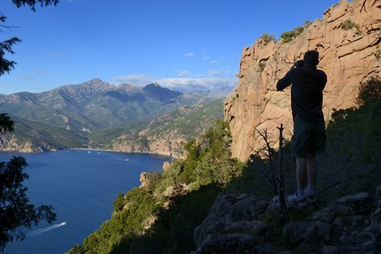 France, Corse du Sud, Golfe de Porto, listed as World Heritage by UNESCO,  the Creeks of Piana (Calanches de Piana) with pink granite rocks and the Bussaglia beach in the background