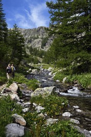 France, Alpes-Maritimes, parc national du Mercantour (Mercantour National Park), hikers on the Valmasque river valley trail and the ice bolt in the background