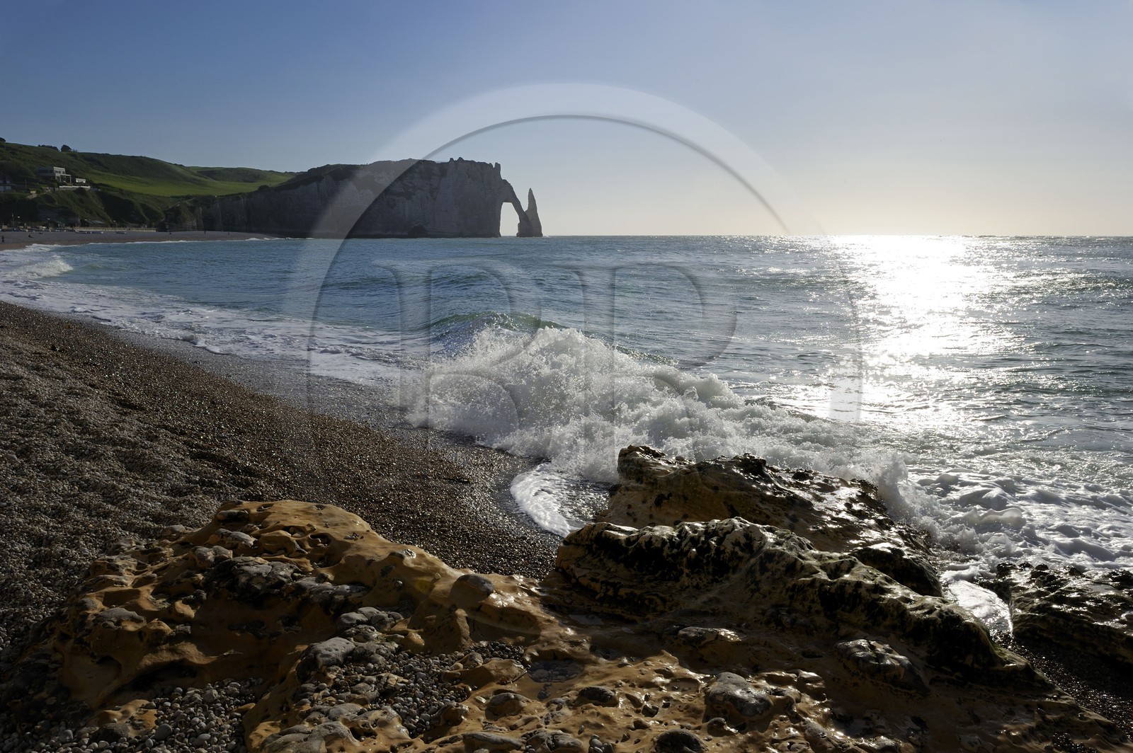 France, Seine Maritime, Pays de Caux, Cote d'Albatre, Etretat, the Aval Cliff and the Aiguille Creuse seen from the beach of the town