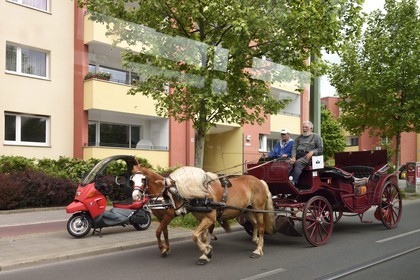 Allemagne, Berlin, calèche tirée par des chevaux dans Bernauer Strasse