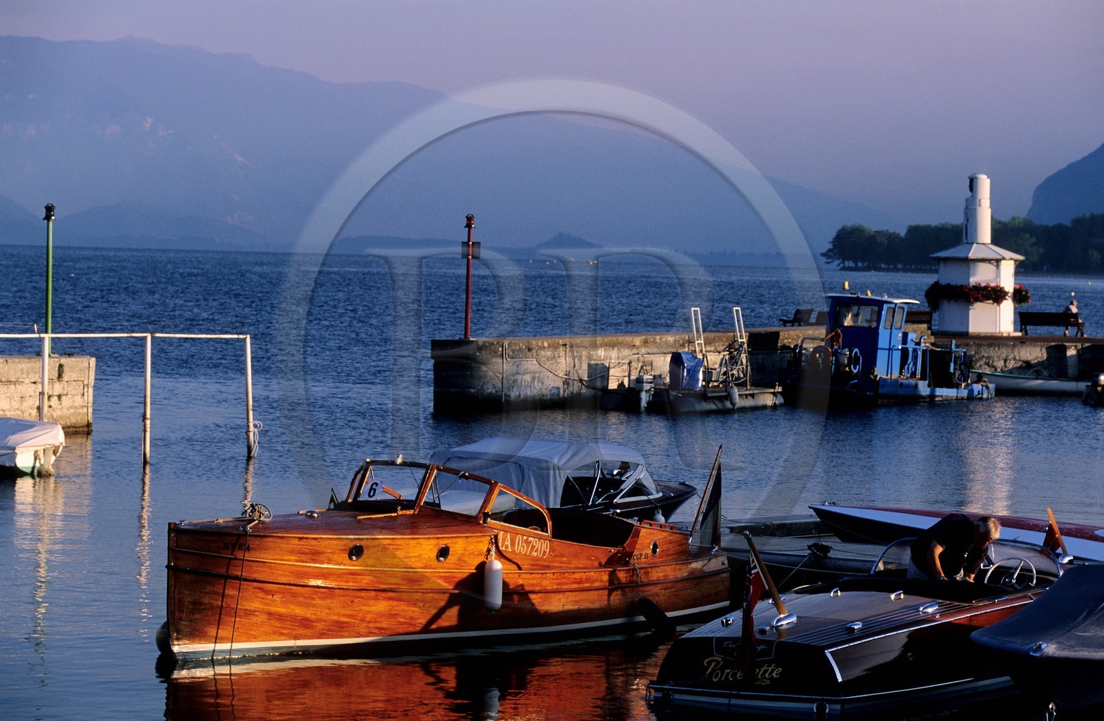 France, Savoie, Le Bourget lake, Petterson Svea motorboat in the Aix les Bains harbour