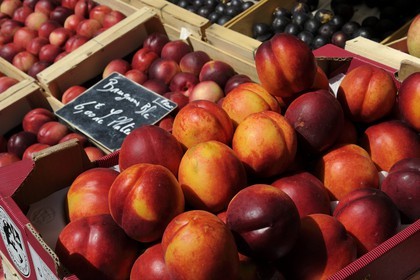 France, Bouches-du-Rhone, Aix-en-Provence, market on Place de l'Hotel de Ville, fruit stall
